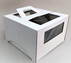 Изображение Коробка для торта с ручкой и окошком, 280*280*200 мм (белая) гофрокартон